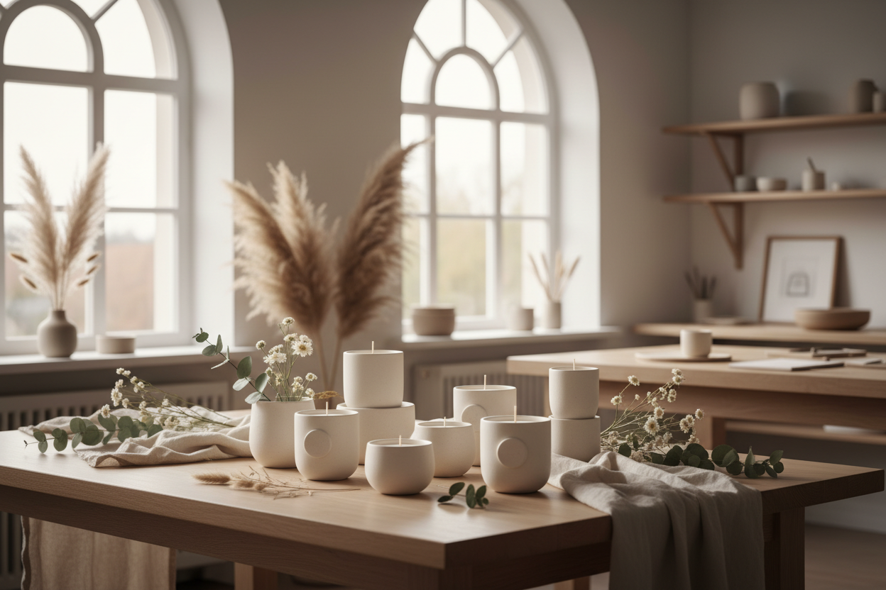 Create a premium, elegant hero image for the ‘About Us’ section of a high-end artisanal candle brand based in Europe. The scene should show a refined studio environment with warm natural light, featuring handcrafted vegan candles made with coconut and carnauba wax. Include elements such as wooden accents, soft linen fabrics, botanical details, and minimalist ceramic containers, representing sustainability, purity, and craftsmanship. The aesthetic must be modern, clean, and sophisticated — inspired by Scandi